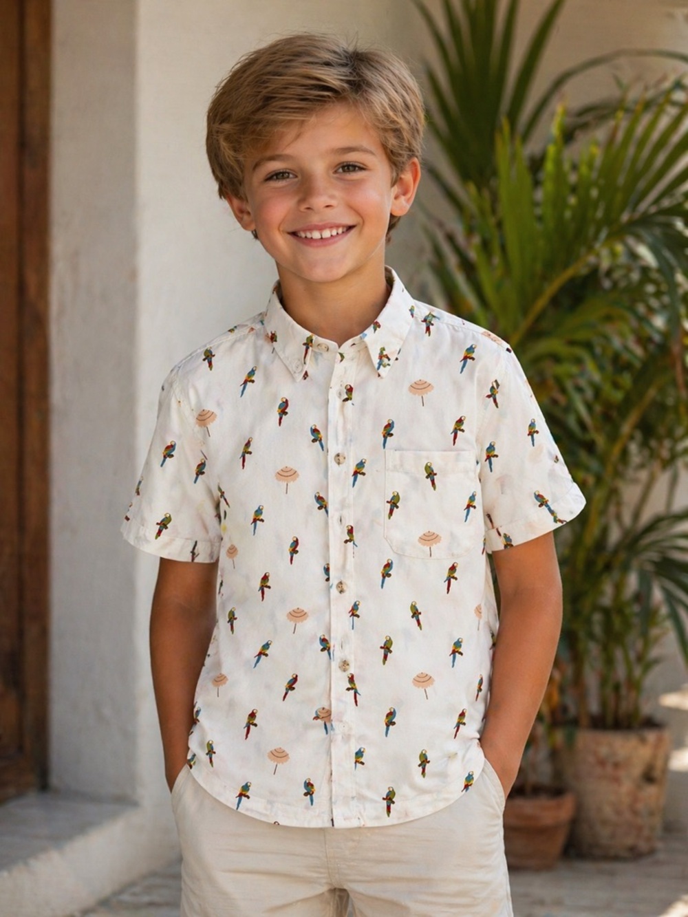 Kenny Flowers Boys Button Down Shirt Size 12 Tropical Parrot Print Short Sleeve
